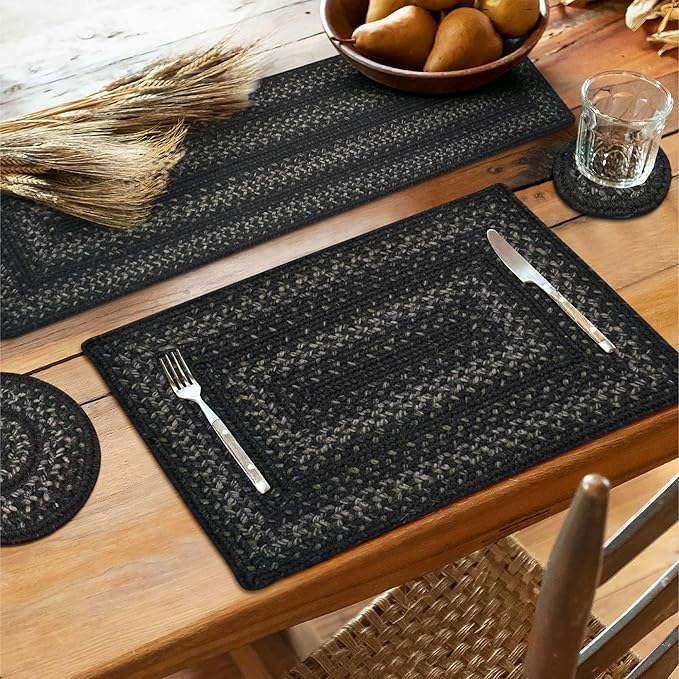 Homespice Jet Black Jute Woven Round Placemats Set of 6, 15", Warm Primitive Decor Table Mats - Vibrant Colors, Durable, Easy to Clean and Protects Furniture