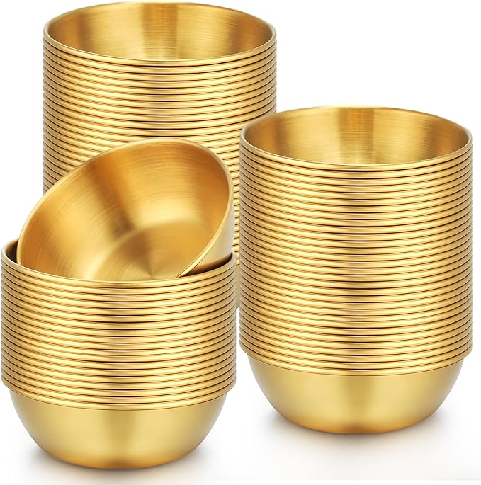 Tanlade 50 Pcs Metal Sauce Bowls 3.2 Inch Round Stainless Steel Seasoning Dishes Cups Mini Saucers Plates Small Sushi Dipping Bowls for Prep Ramekins Kitchen Party Supplies(Gold)