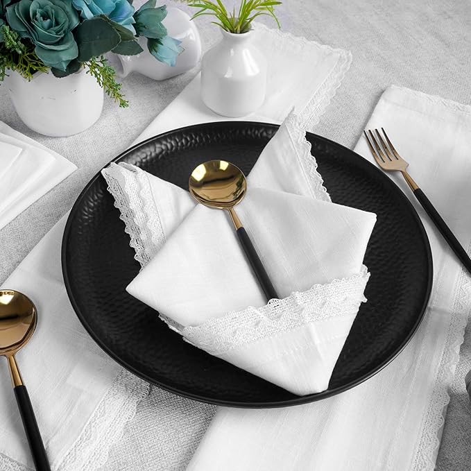 FINGERCRAFT Dinner Cloth Napkin Cotton Linen 4 Pack Vintage Rustic Premium Quality Mitered Corners Napkin Cloth with Elegant Lace for Everyday Use, Pre Shrunk and Good Absorbency 20x20 in White