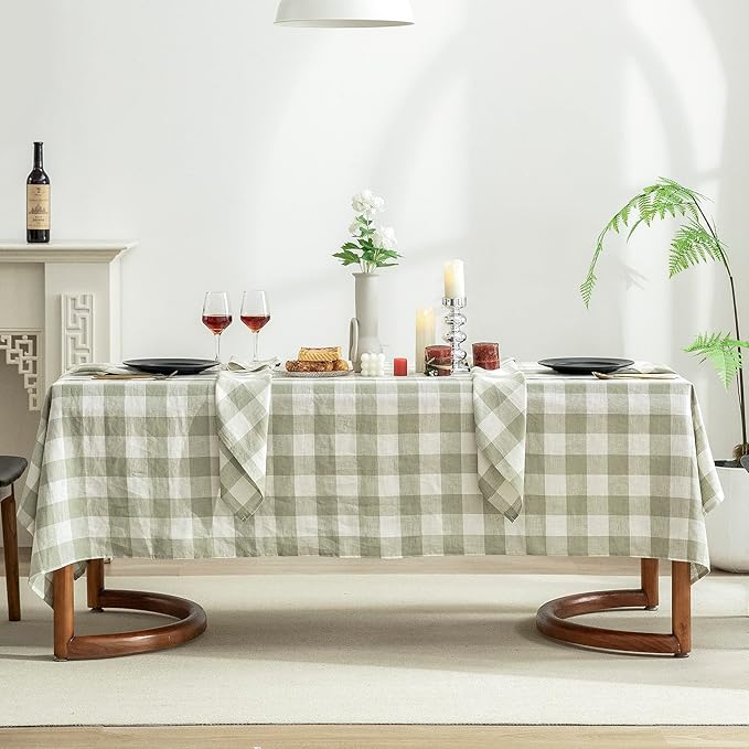 EVERLY 100% Yarn-Dyed Linen Rectangle Tablecloths 60x120Inches for Dining,Buffet Parties,Picnic,Events and Restaurants,Decorative Halloween,Thanksgiving Machine Washable Tablecloths-Sage Green Plaid