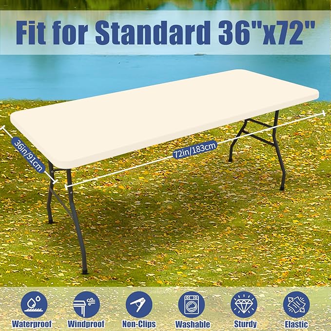 Spandex 6 Foot Rectangle Table Cloth 2 Pack, Elastic Fitted Tablecloths for Picnic, Stretch Washable Patio Table Cover for Outdoor, Camping, Banquet and Parties (Champagne, 36"x72")
