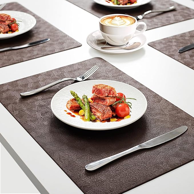 Vinyl Placemats Set of 12 Faux Leather 100% Waterproof Wipeable Washable Place Mats Heat Resistant Easy Clean Non-Slip Table Mats for Indoor Outdoor. (12,Coffee)