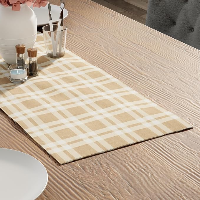 Encasa XO Table Runner, Woven Cotton Dining Runner 13"x36" Franca Beige Checks by EncasaXO