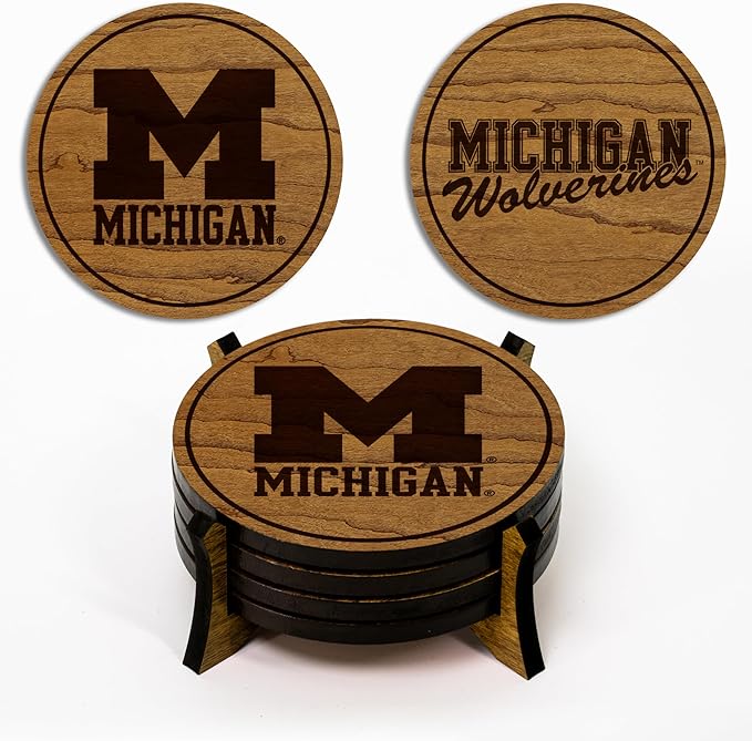 LazerEdge University of Michigan Wolverines Coaster Set - Cherry Wood - Officially Licensed Product - 4-Pack