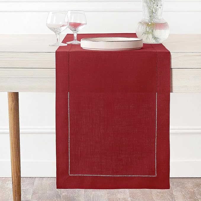 D'Moksha Homes Linen Red Table Runner 48 Inches - Classic Hemstitch, 100% Pure Linen Coffee Table Runner 14 x 48 Inch Ideal for Dresser Tables, Valentines, Spring