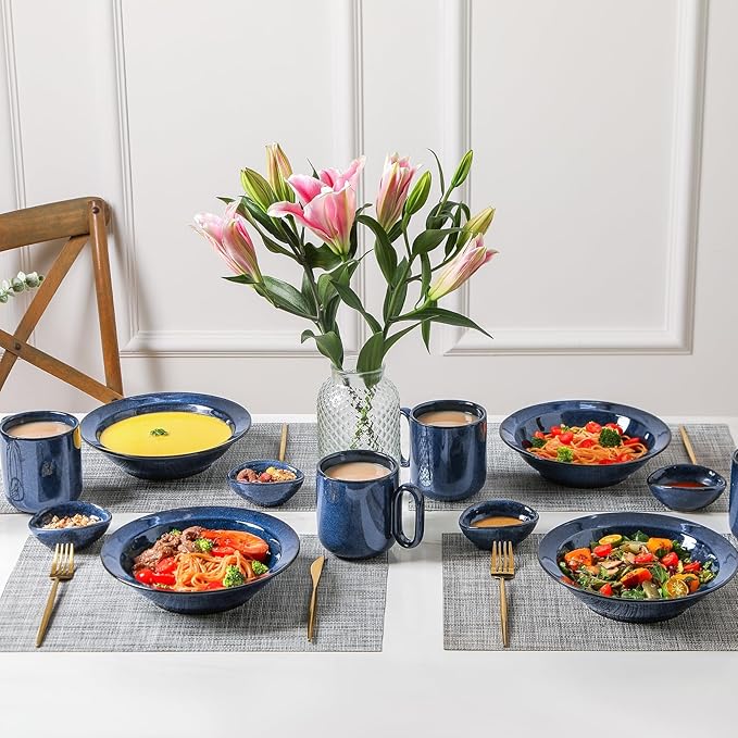 vicrays Wide Rim Soup Bowls - 27oz Ceramic Pasta Plates Bowl Set of 4 for Gumbo Salad Spaghetti Dipping Bread Dishes Home Restaurant Use - Microwave Dishwasher Oven Safe - Blue
