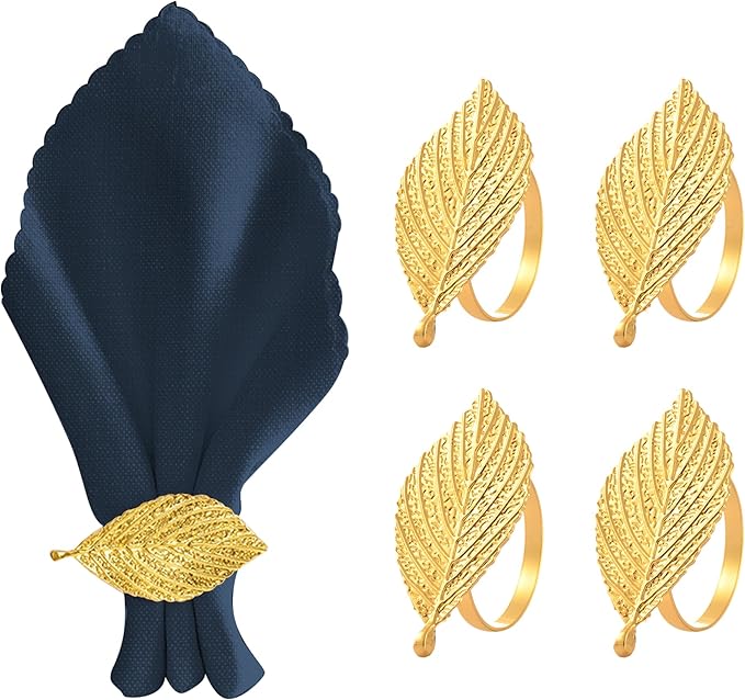 Decozen Set of 8 Gold Napkin Rings in Leaf Design, Festive, Table Decor Setting for Holiday, Wedding, Birthday, Kitchen, Home Decor, Housewarming Gift - Mothers Day Decorations