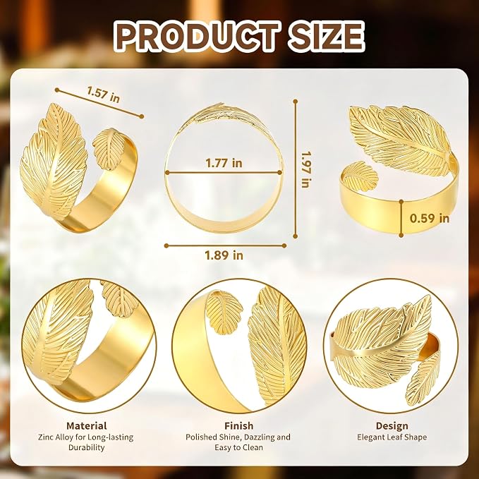 Napkin Rings Set of 12, Shiny Gold Napkin Rings, Easy Care, Solid Metal Laurel - Image 4