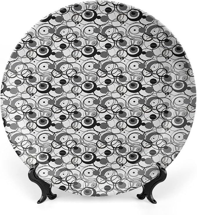 Ceramic Plates, Abstract Decorative Ceramic Plates, Monochrome Circles Dots Surreal Geometric Modern, 10 Inch, Household Plates Decorative, Grey Black White