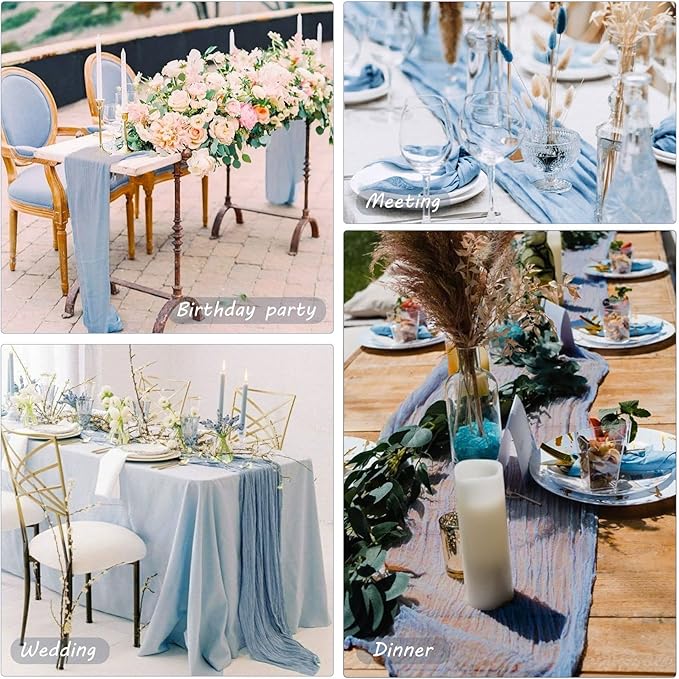 12 Pack 10Ft Cheesecloth Table Runner 35x120 Inch Boho Gauze Table Runner Rustic Cheese Cloth Long Romantic Table Runners for Wedding Bridal Shower Birthday Party Table Decor (Dusty Blue)