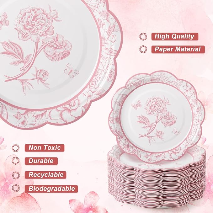FillTouch 100 Sets Pink Floral Paper Tea Cups and Saucers Disposable Paper Tea - Image 3