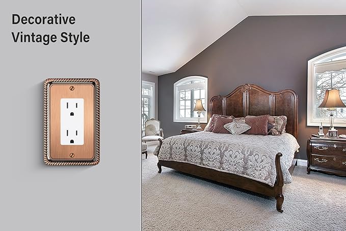 Henne Bery Rope Edge Decorative Wall Plate Switch Plate Outlet Cover (Single Decorator, 2 Pack, Antique Copper)