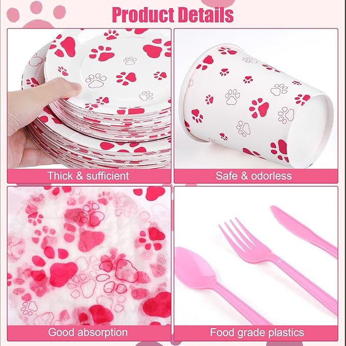Kochorie 400 Pieces Pink Paw Disposable Party Tableware Sets Dog Puppy Supplies Including Plates Cups Napkins Cutlery Serves 50 for Birthday Puppy Theme Party Decorations