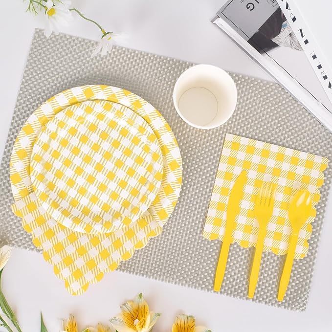 Vyntra 350 Pcs Yellow & White Checkered Gingham Paper Plates and Napkins Set - Image 4