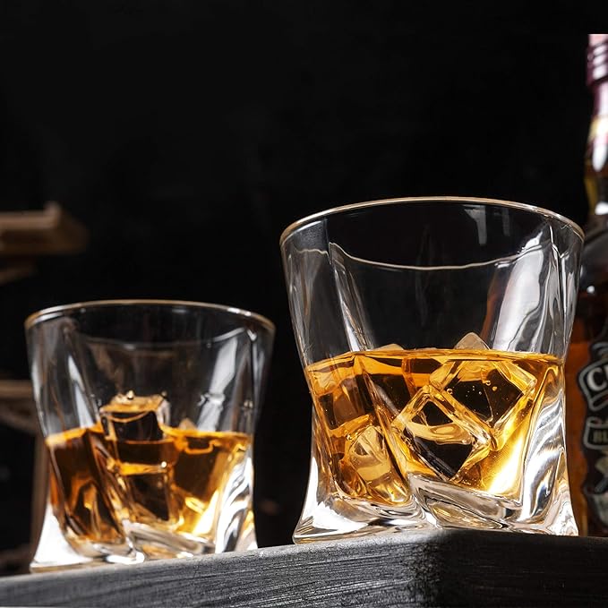 KANARS Old Fashioned Whiskey Glasses with Luxury Box - 10 Oz Twisted Liquor Tumblers for Scotch, Bourbon, and Cocktail Drinks - Set of 2 - Men Gift for Valentine's Day Birthday Anniversary