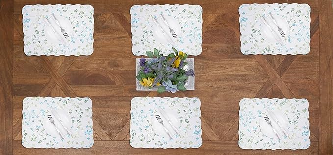 C&F Home Olivia Blue and White Floral Cotton Quilted Reversible Machine Washable Vintage Design Placemat Set 6 Scalloped Edges for Kitchen or Dining Table Rectangular Placemat Set of 6 White