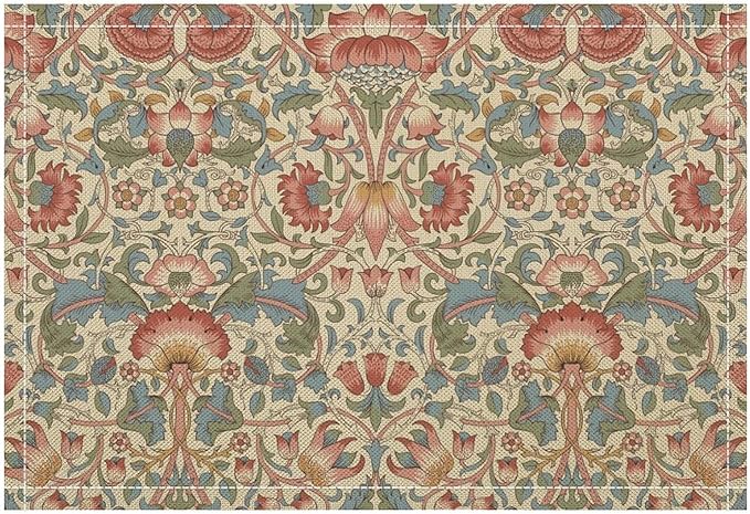 William Morris Placemat Set, Beige Blue Pink Retro Rustic Art Exotic Ethnic Lotus Floral Seamless Pattern Home Decor Linen Table Mats for Dining Room Kitchen Party (17x12in) x4P