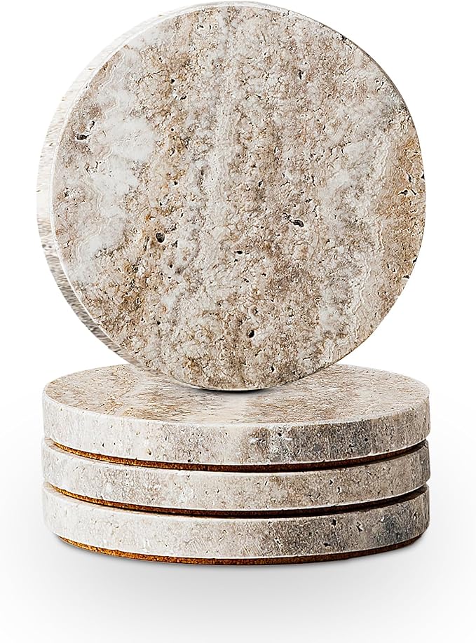 Marble Coaster for Drinks 4" Diameter Set of 4 Round Travertine Coasters for by WORHE