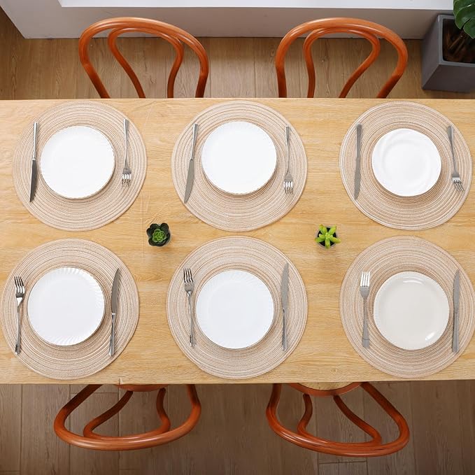 SHACOS 15 inch Beige Round Placemats Set of 12 for Dining Table Woven Braided Circle Place Mats Kitchen Placemat Washable Table Mats