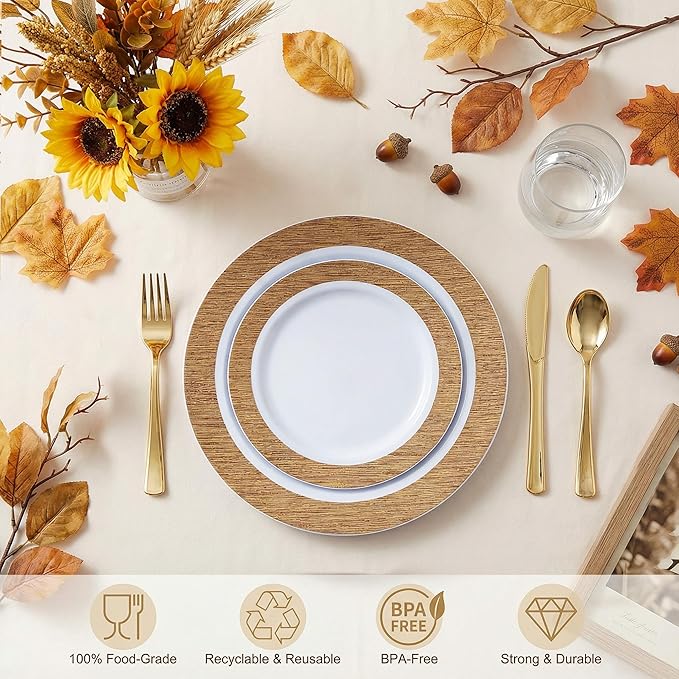 I00000 102 Pcs Wood Grain Brown Plastic Plates, Brown Party Plates Premium Plastic Disposable Plate Disposable Include 51 Dinner Platos 10" & 51 Dessert Platos 7", Elegant Wood Grain Design for Party