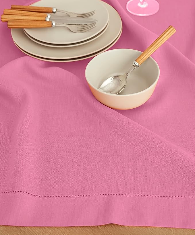 Solino Home Square Linen Tablecloth 52 x 52 Inch - 100% Pure Linen Flamingo Pink Table Throw - Classic Hemstitch, Machine Washable Table Cloth for Valentines, Spring, Easter