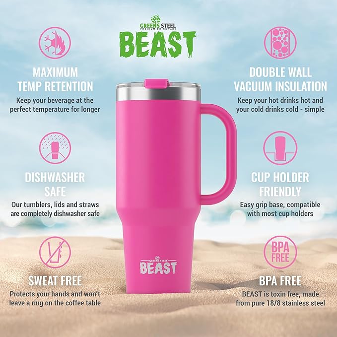 Beast 42 oz Tumbler with Handle Stainless Steel Vacuum Insulated Coffee Ice Cup Double Wall Travel Flask (Cupcake Pink)