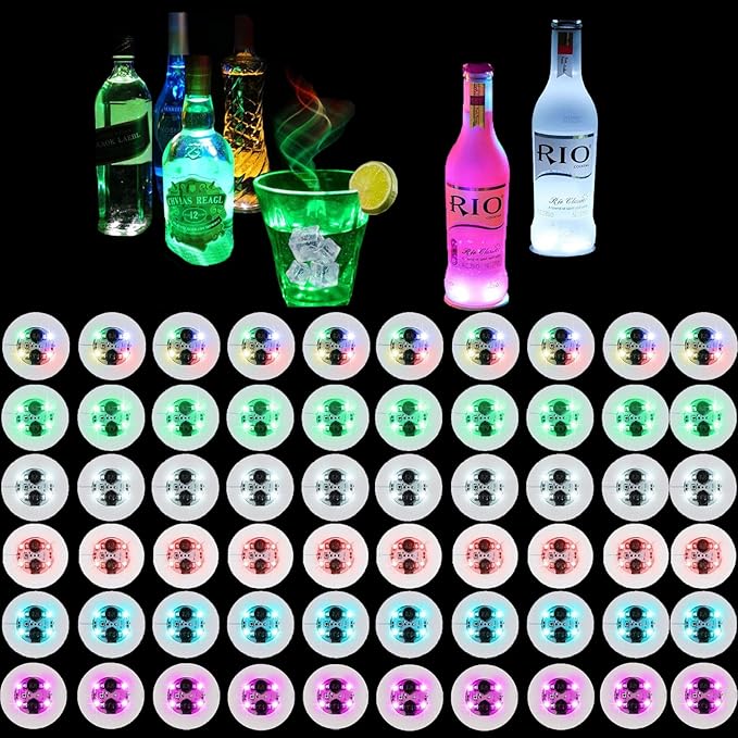 LED Drink Coasters, 60 Pack Multicolor, Round, EVA Material, 3 Lighting Modes, 24+ Hour Battery Life