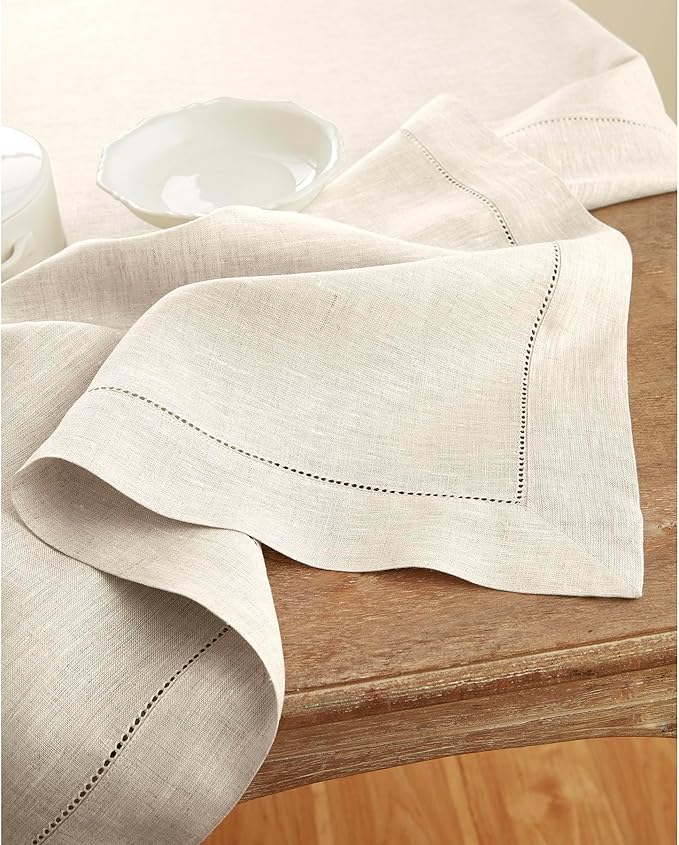 Solino Home Linen Light Natural Table Runner 72 Inches Long - 100% Pure Linen Hemstitch Table Runner 14 x 72 Inch for Dresser, Dining, Spring, Easter - Classic Hemstitch