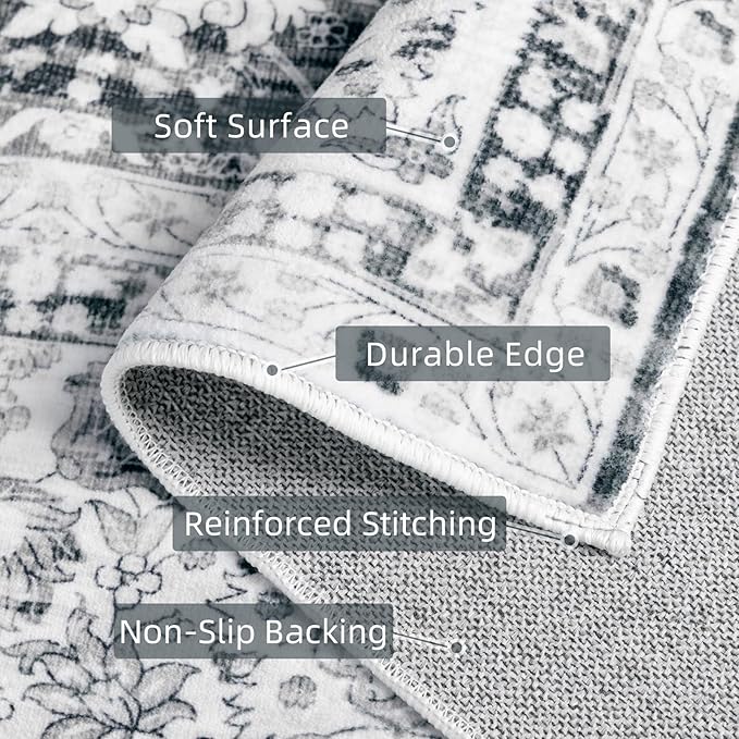 Deerly Area Rugs 9x12 Rug Living Room Distressed Area Rugs, Non Slip Large Washable Rugs for Bedroom Dining Room Office, Floor Decoration Big Rug Low-Pile Grey