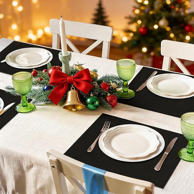 MANSPHIL Black Cloth Placemats Set of 6 Double Layer Thick Fabric Table Mats Faux Linen Place Mats Heat Resistant Washable Wrinkle Free Dining Kitchen Table Decor, 13x19 Inch Oeko Tex Placemat