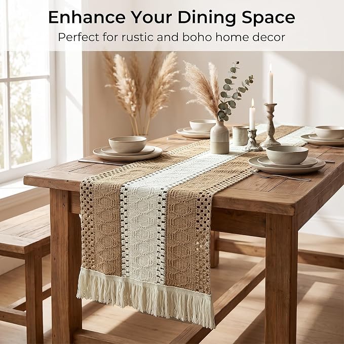 Textured Macramé Table Runner, Cotton and Jute Blend, 30 x 140 cm - Image 2