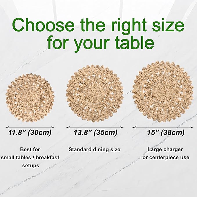 13.8" Set of 12 Round Corn Husk Placemats | Boho Wovean Rattan Table Mats | Farmhouse Wicker Spring Plate Chargers Like Water Hyacinth, Seagrass Table Mats