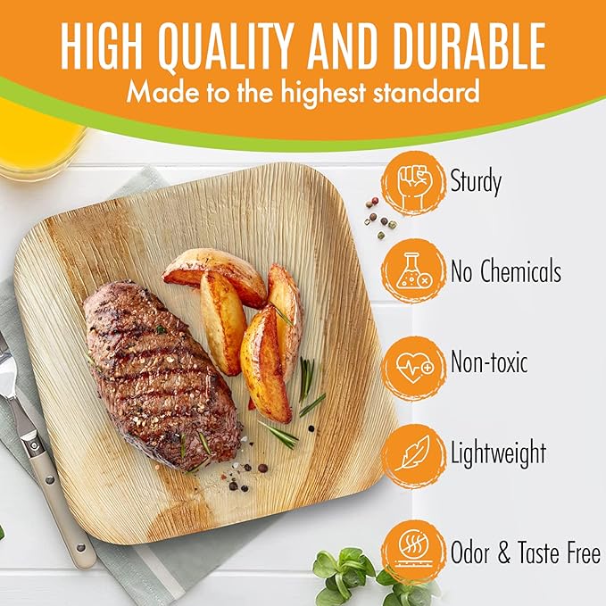 Raj Palm Leaf Plates [50-Pack] 7" Square Plates (4 CASES - 200 PACK) like Bamboo plates Disposable, Strong, Decorative Compostable Tableware for weddings, Lunch, Dinner, Birthday, Camping, Outdoor