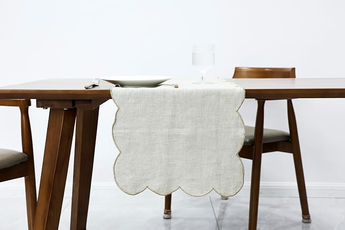 100% Natural Linen Rustic Scalloped Embroidery Table Runner 90 Inches Long by AORISSI