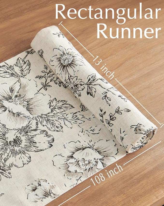 jinchan Black Floral Linen Table Runner 13 x 108 Inch Farmhouse | Vintage - Image 5