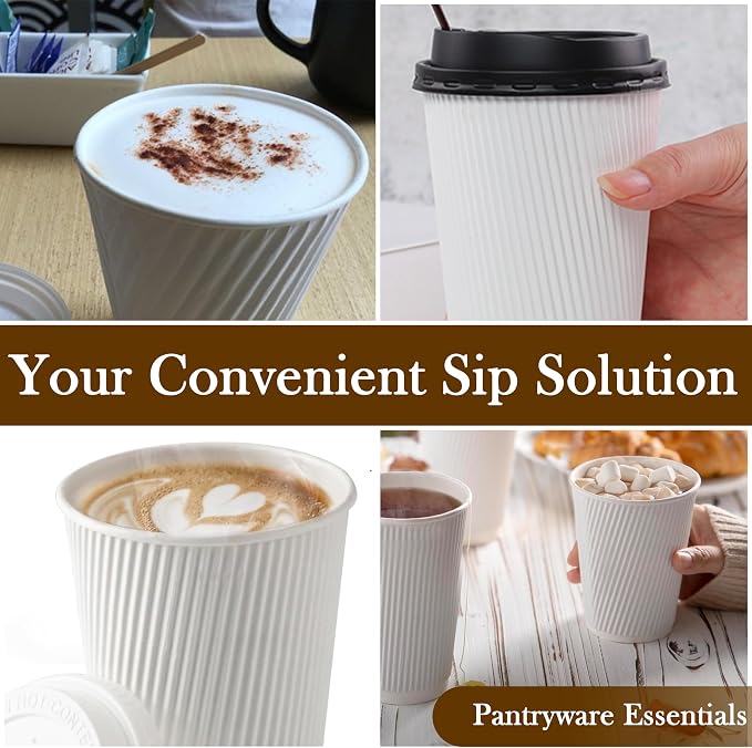 12oz Double Wall Ripple White Paper Coffee Cups- Pack of 50ct - Image 7