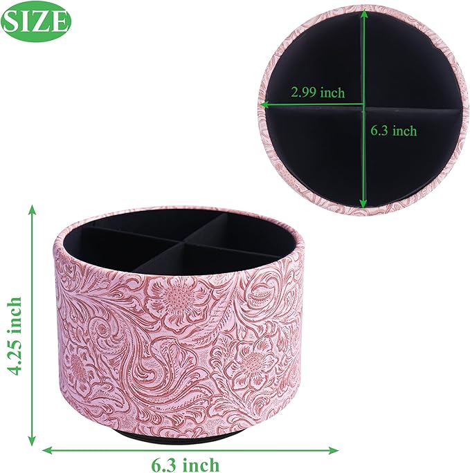 lizimandu Round Leather Art Supply Organizer,Remote Control Holder,360 Degree Spinning,Multi-Functional Pencil Holder,4 Compartments Desktop Stationary Organizer(1-Carved Pink)