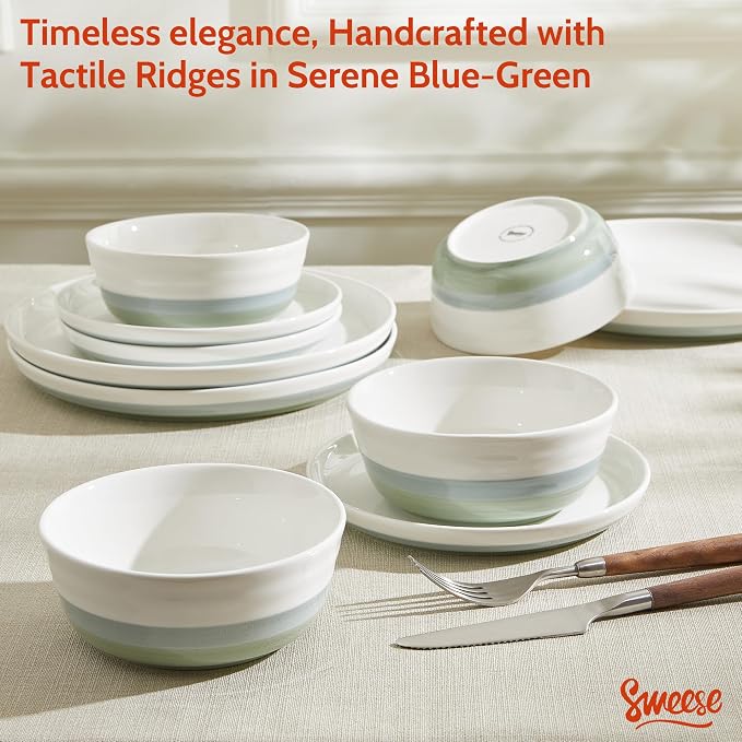 Sweese Plates and Bowls Sets, 18 Pieces Modern Porcelain Dinnerware Set - Image 4