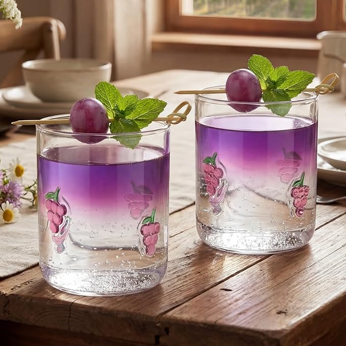Icon Juice Glasses, 14oz Stemless Wine Drinking Juice Glass Cup for Valentine Party Supplies Gift(2 Pcs,Grape)