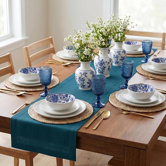 Solino Home 100% Pure Linen Table Runner Peacock Blue, Fete 14 x 108 in | Table - Image 2