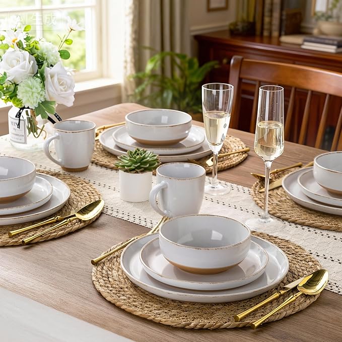 AmorArc 18 Pieces Ceramic Dinnerware Sets for 6, Handpainted Stoneware Plates and Bowls Set with Rustic Terracotta Underside, Scratch Resistant Dishes Set, Dishwasher & Microwave Safe, White