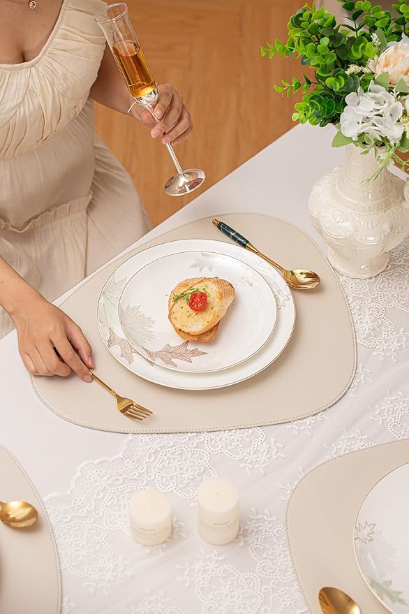 Artistic Bone China Dinnerware Set with Gold Trim, Crafted with Traditional Chinese Artistry, Glazed Inner Patterns, Service for 4 – Maple Leaf Collection