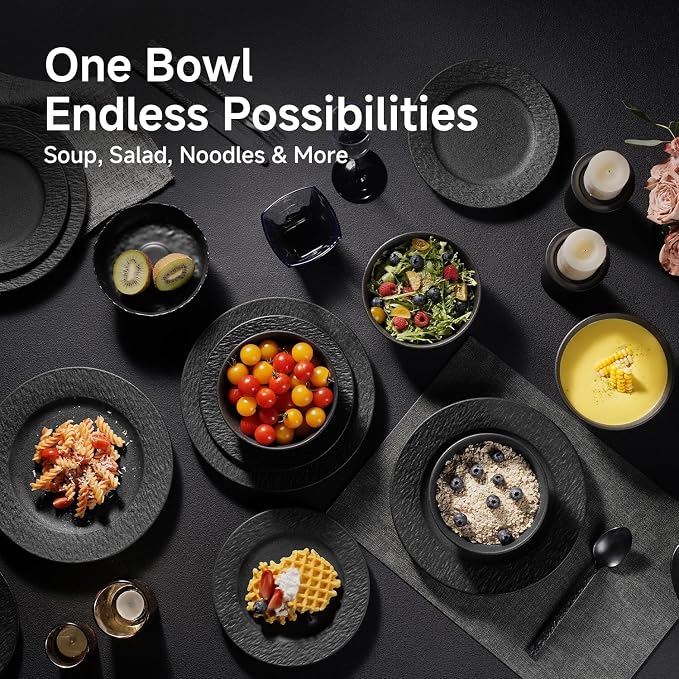 Bowl Set of 4, 20.4 oz Matte Marble Pattern Stoneware Soup Bowls | Black - Image 8