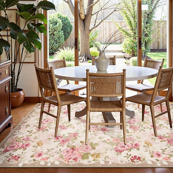 Lahome Washable Area Rug 6x9,Nursery Rug Girl Living Room Rug 6x9, Vintage Girls Rugs for Bedroom Ultra-Thin Non Slip Carpet for Playroom Dining Room Dorm (6'X9',Beige)