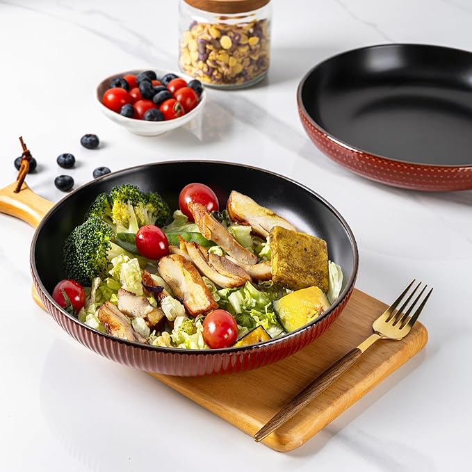 GBHOME 8.5'' Large Pasta Bowls, 36 Ounce Stoneware Salad Bowls for Kitchen, Ceramic Serving Bowls With Textured Pattern for Pasta,Fruit, Stews,Noodle, House-warming Gift, Set of 4-Rythmic Red