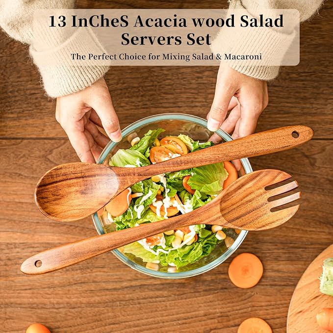 Gudamaye Acacia Wooden Salad Server Set, 13 inch Salad Tongs - Image 4
