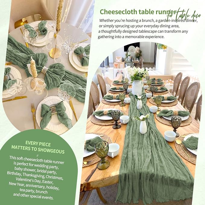 Showgeous 2 Pack Sage Green Cheesecloth Table Runners Boho Wedding Decor | - Image 8
