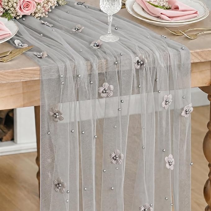 Artoid Mode Gray Flower Pearl Gray Gauze Table Runner 10FT, Seasonal Sheer by ArtoidMode