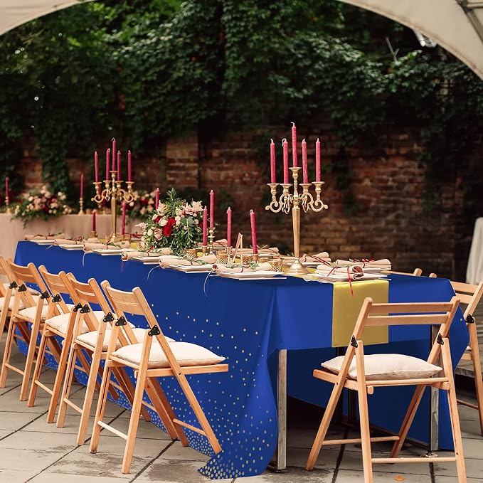 24Pack Disposable Plastic Tablecloths and Satin Table Runner Set Blue and Gold - Image 6