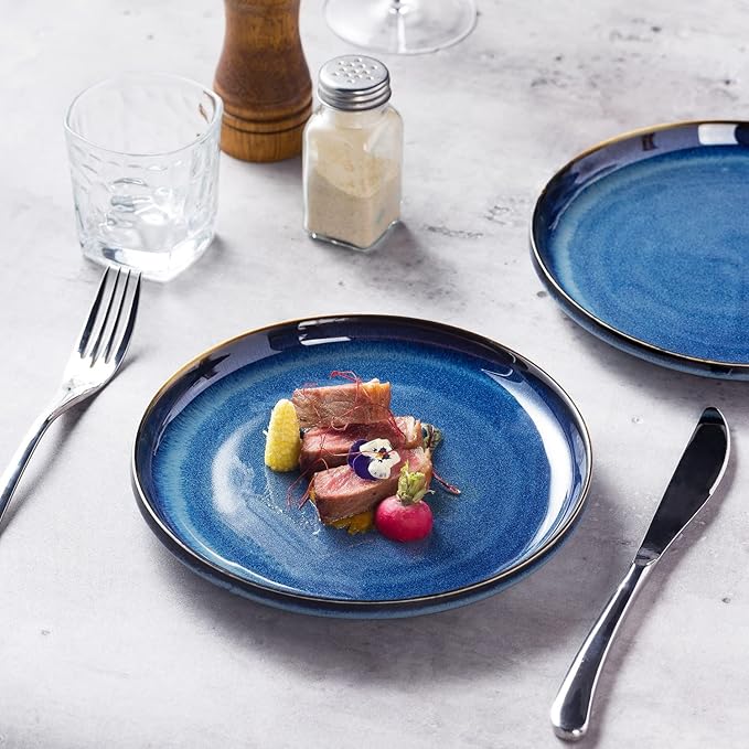 Ceramic Flat Plates Set of 4-8 in - The Dessert, Salad, Appetizer, Small Lunch, etc Plate. Microwave, Oven, and Dishwasher Safe, Scratch Resistant. Kitchen Porcelain Dish-Royal Blue